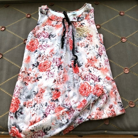 Retro Y2K Dress Floral Orange Multi with Peter Pan Collar & Black Velvet Tie (S) - Picture 3 of 9